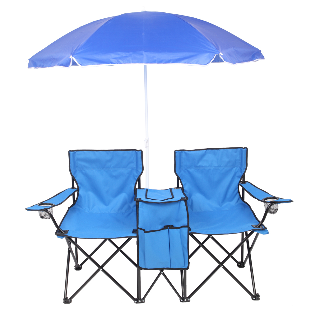 【Same Code：57651919】Portable Outdoor 2-Seat Folding Chair with Removable Sun Umbrella Blue
